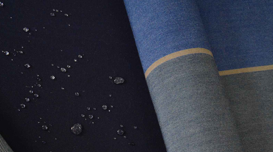 Water-resistant outdoor fabric samples in blue and grey